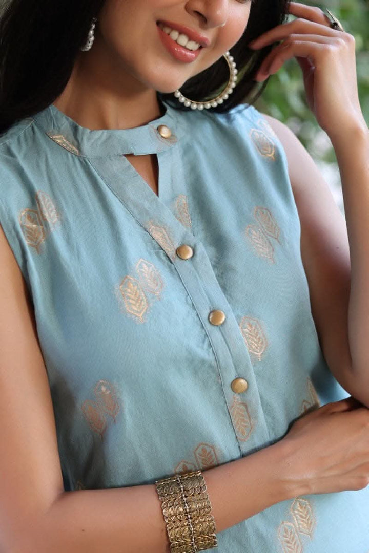 Blue Poly Chanderi Woven Kurta Set | SHOBITAM