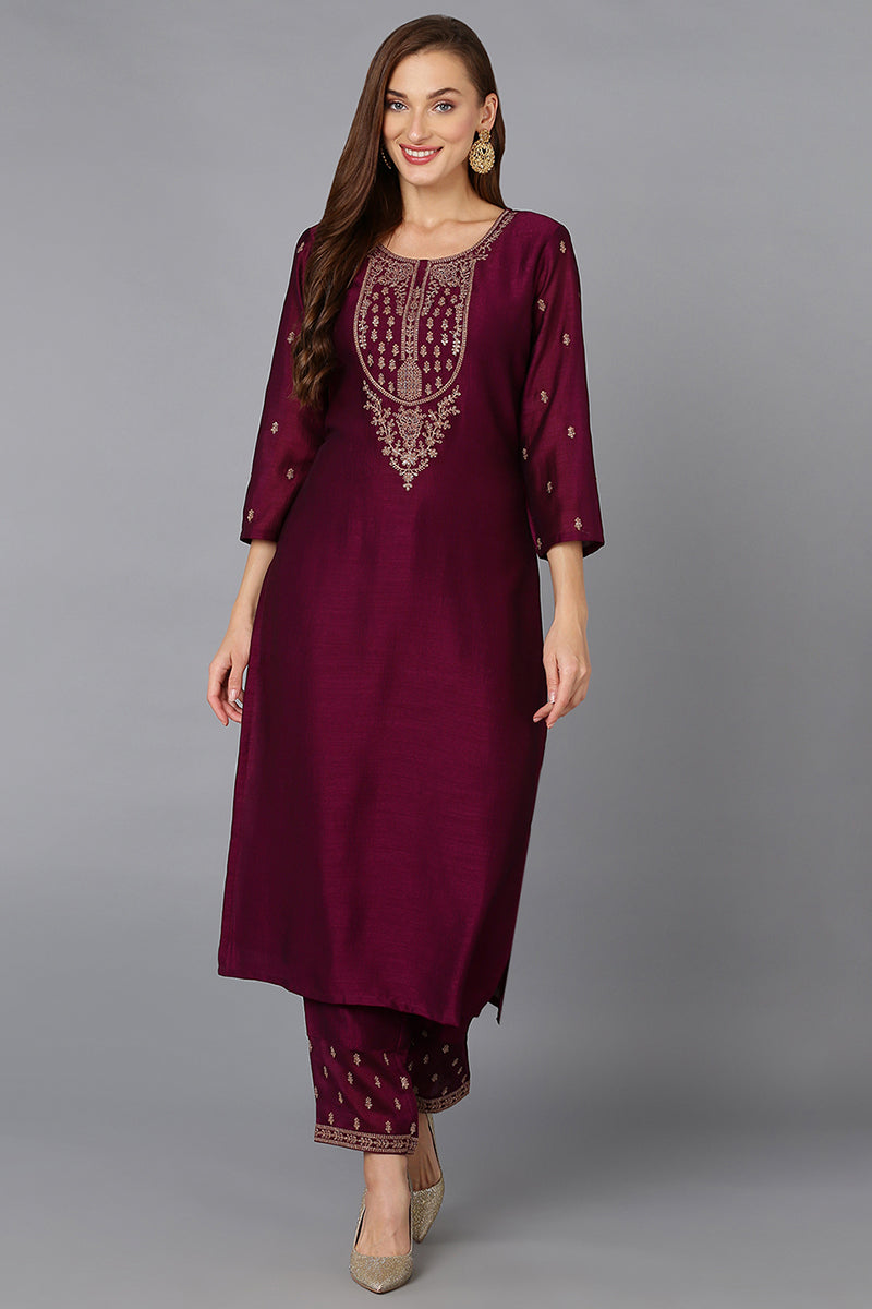 Silk Blend Wine Embroidered Kurta With Pant  | SHOBITAM