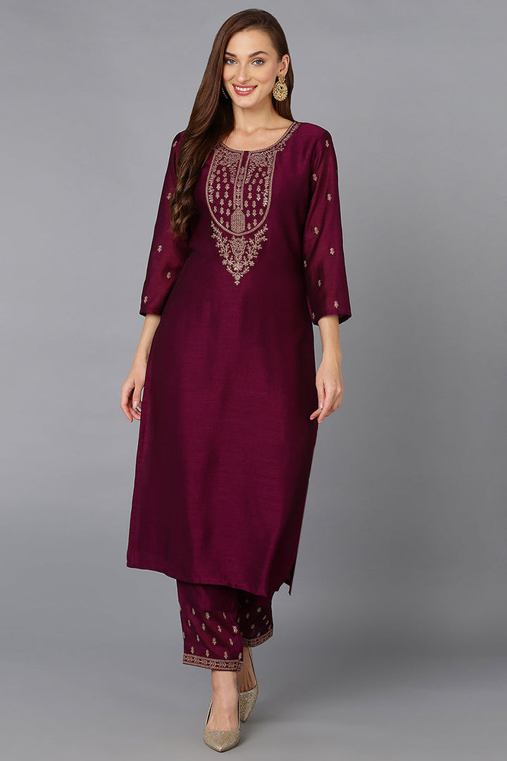 Silk Blend Wine Embroidered Kurta With Pant  | SHOBITAM