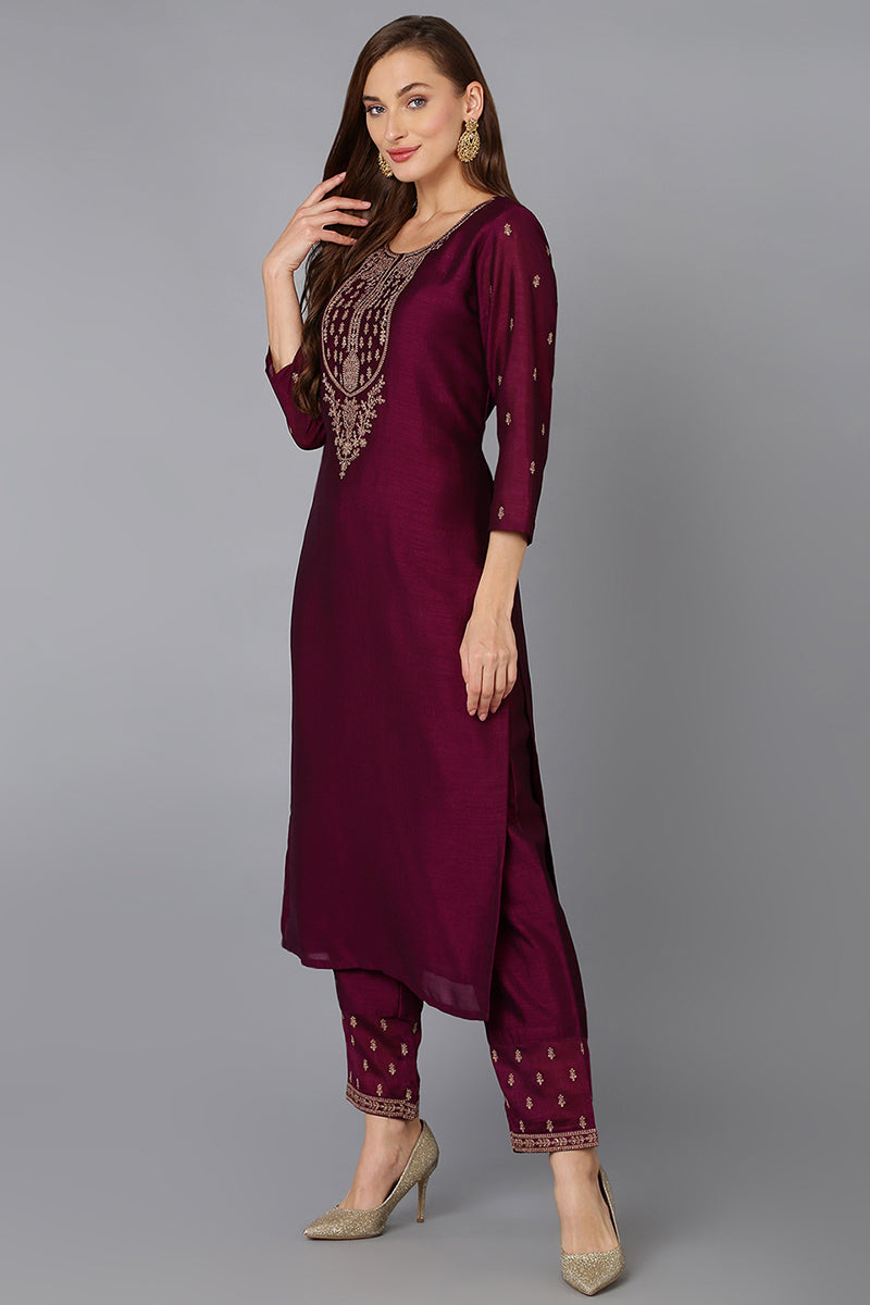 Silk Blend Wine Embroidered Kurta With Pant  | SHOBITAM