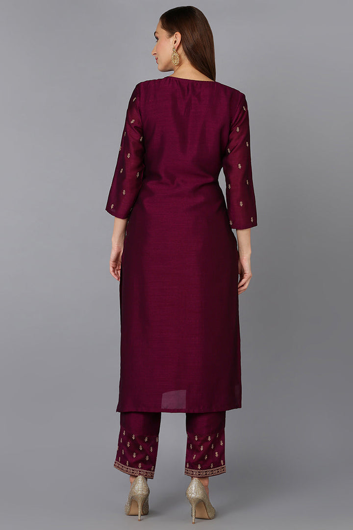 Silk Blend Wine Embroidered Kurta With Pant  | SHOBITAM