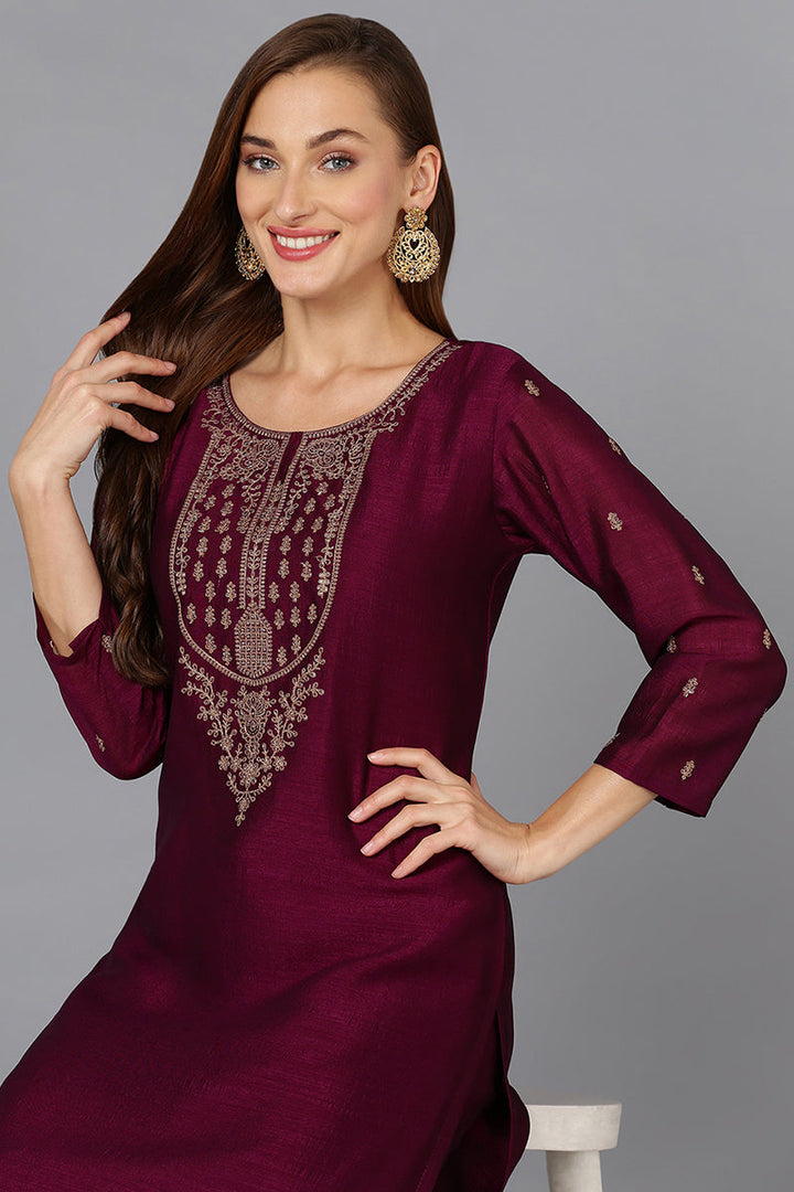Silk Blend Wine Embroidered Kurta With Pant  | SHOBITAM