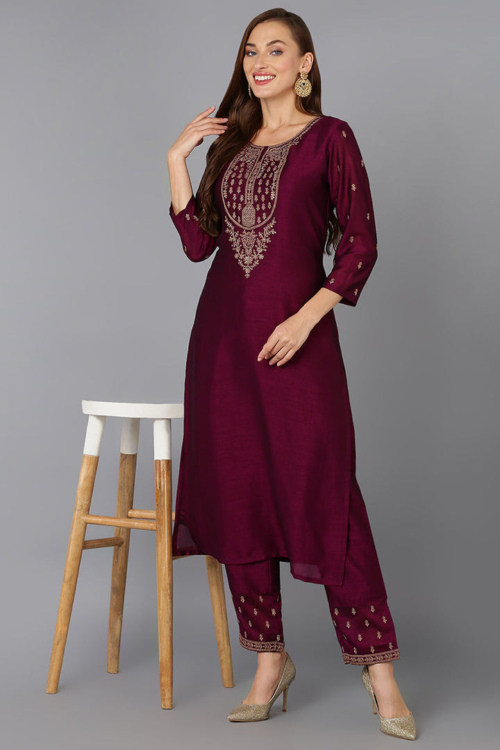 Silk Blend Wine Embroidered Kurta With Pant  | SHOBITAM