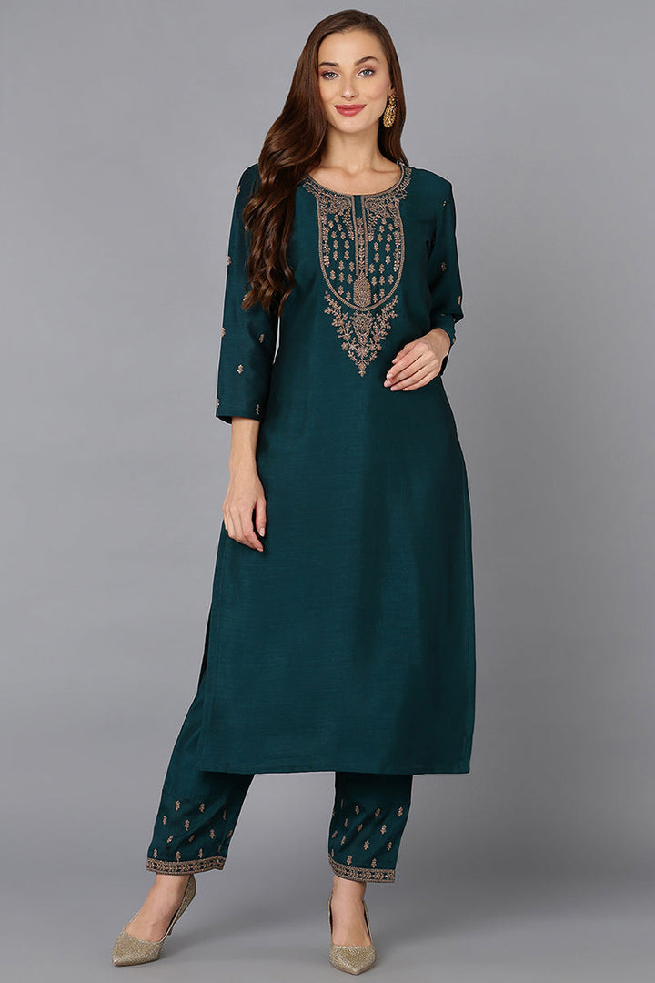 Silk Blend Bottle Green Embroidered Kurta With Pant  | SHOBITAM