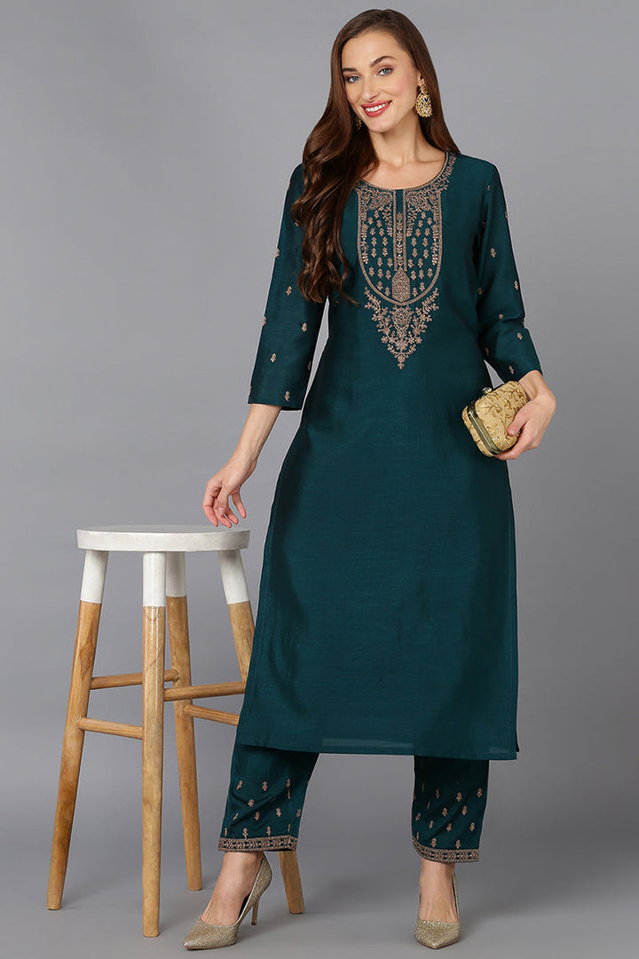 Silk Blend Bottle Green Embroidered Kurta With Pant  | SHOBITAM