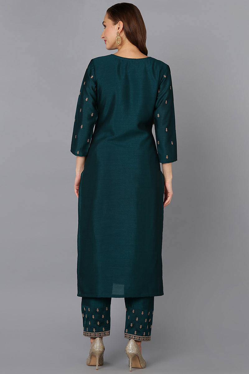 Silk Blend Bottle Green Embroidered Kurta With Pant  | SHOBITAM