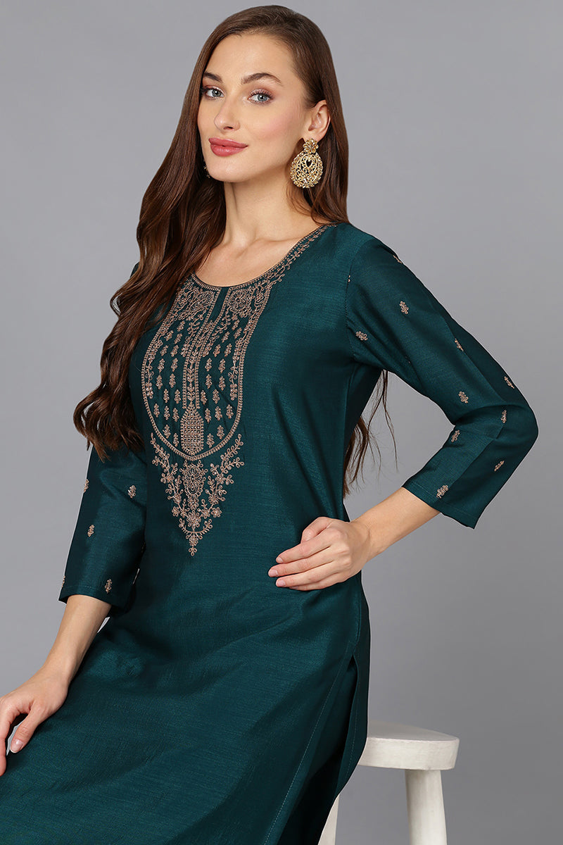 Silk Blend Bottle Green Embroidered Kurta With Pant  | SHOBITAM