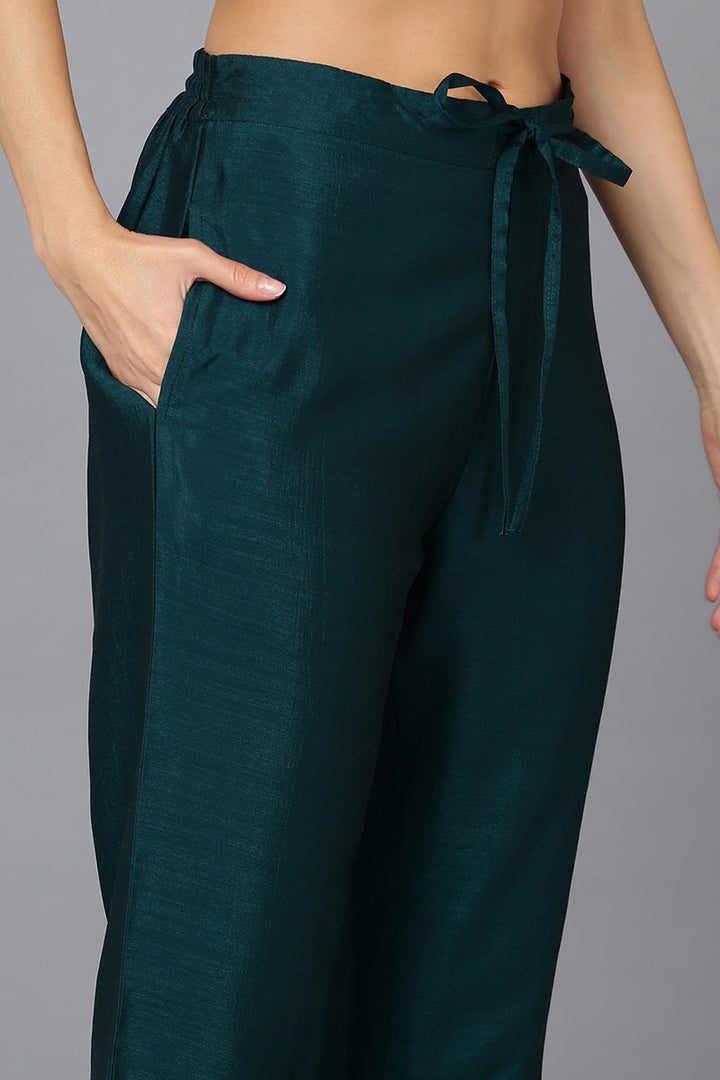 Silk Blend Bottle Green Embroidered Kurta With Pant  | SHOBITAM