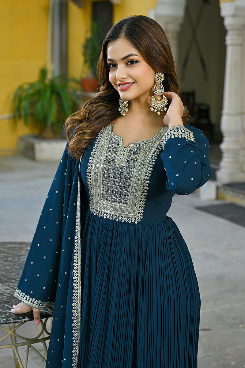 Teal Blue Georgette Solid Yoke Design Anarkali Kurta Dupatta Set | SHOBITAM