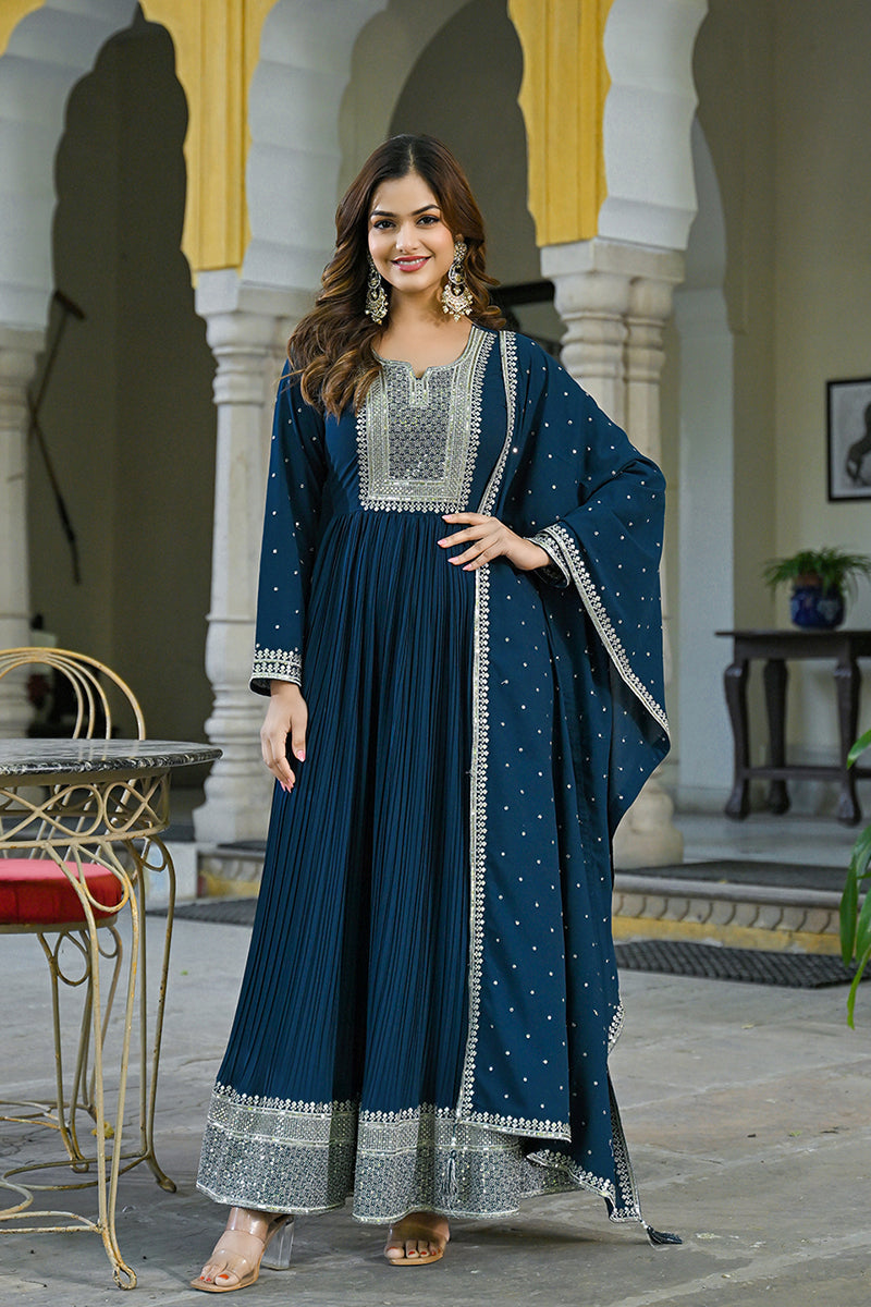 Teal Blue Georgette Solid Yoke Design Anarkali Kurta Dupatta Set | SHOBITAM
