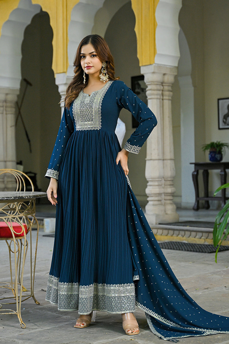 Teal Blue Georgette Solid Yoke Design Anarkali Kurta Dupatta Set | SHOBITAM