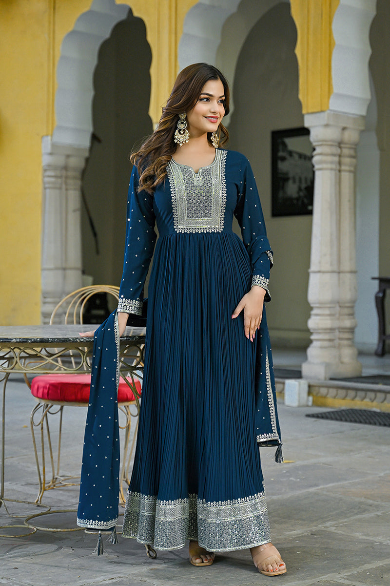 Teal Blue Georgette Solid Yoke Design Anarkali Kurta Dupatta Set | SHOBITAM