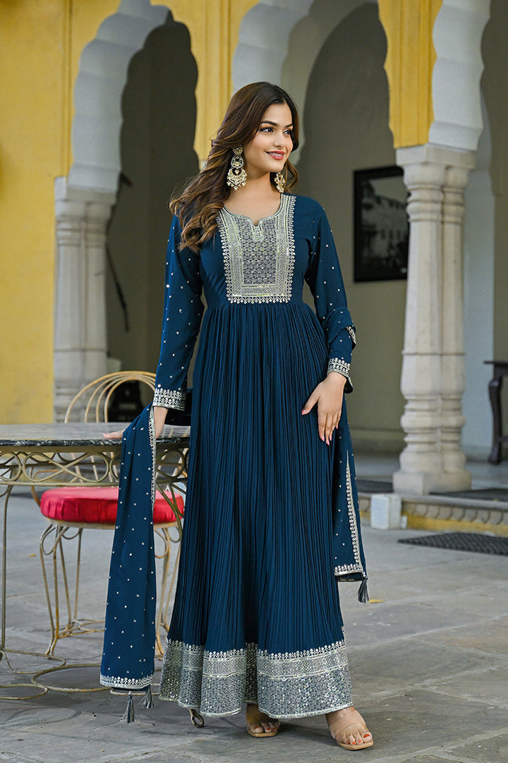 Teal Blue Georgette Solid Yoke Design Anarkali Kurta Dupatta Set | SHOBITAM