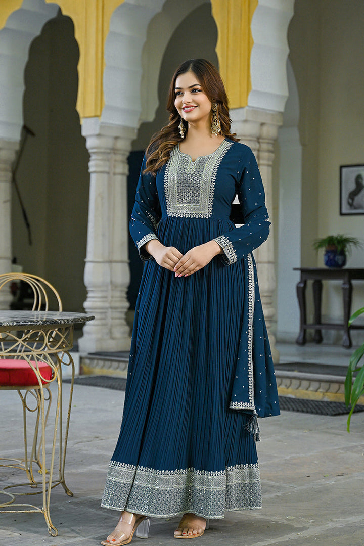 Teal Blue Georgette Solid Yoke Design Anarkali Kurta Dupatta Set | SHOBITAM