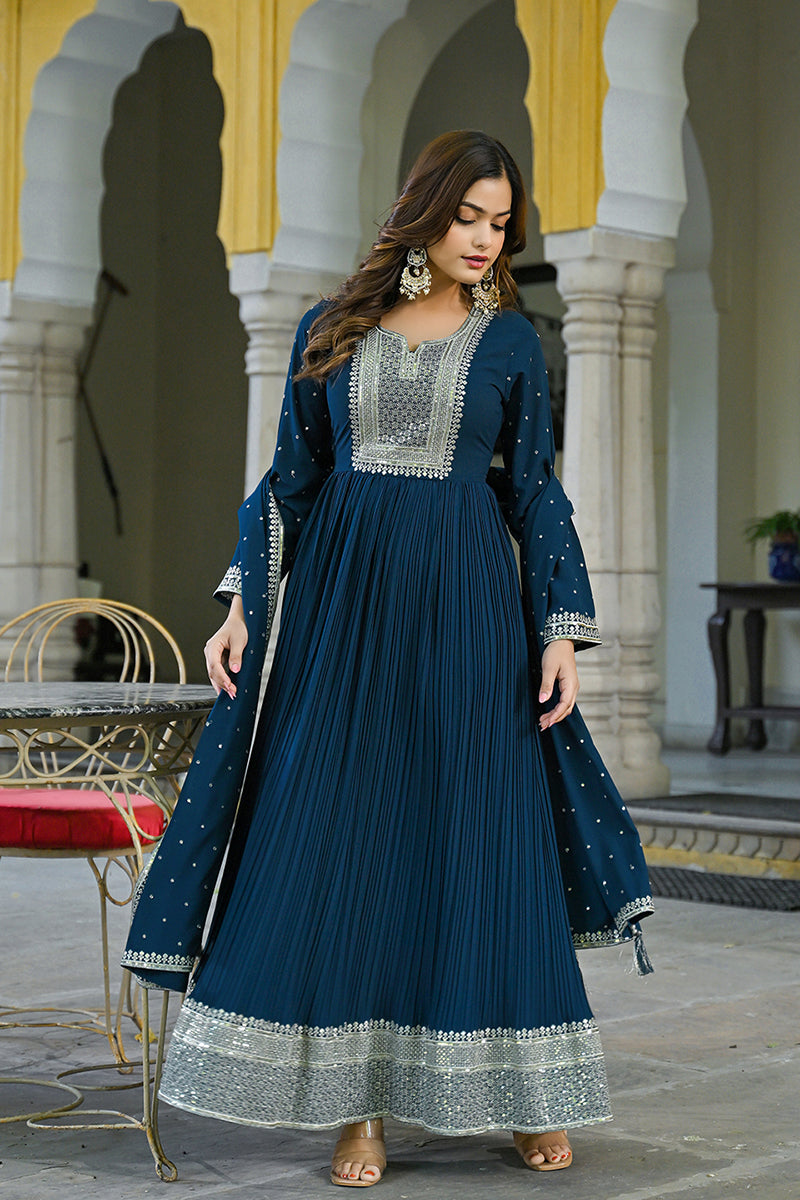 Teal Blue Georgette Solid Yoke Design Anarkali Kurta Dupatta Set | SHOBITAM