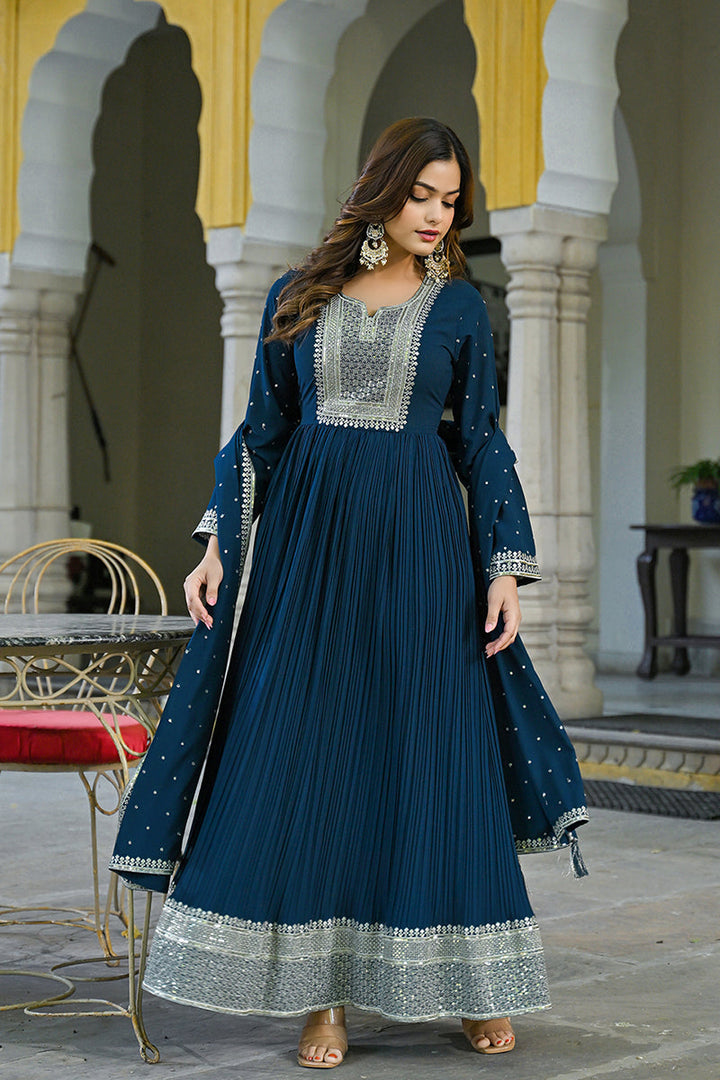 Teal Blue Georgette Solid Yoke Design Anarkali Kurta Dupatta Set | SHOBITAM