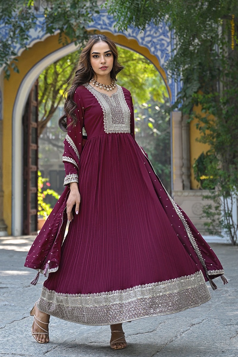 Plus Size Magenta Georgette Solid Yoke Design Sequinned Anarkali Kurta Dupatta Set | SHOBITAM