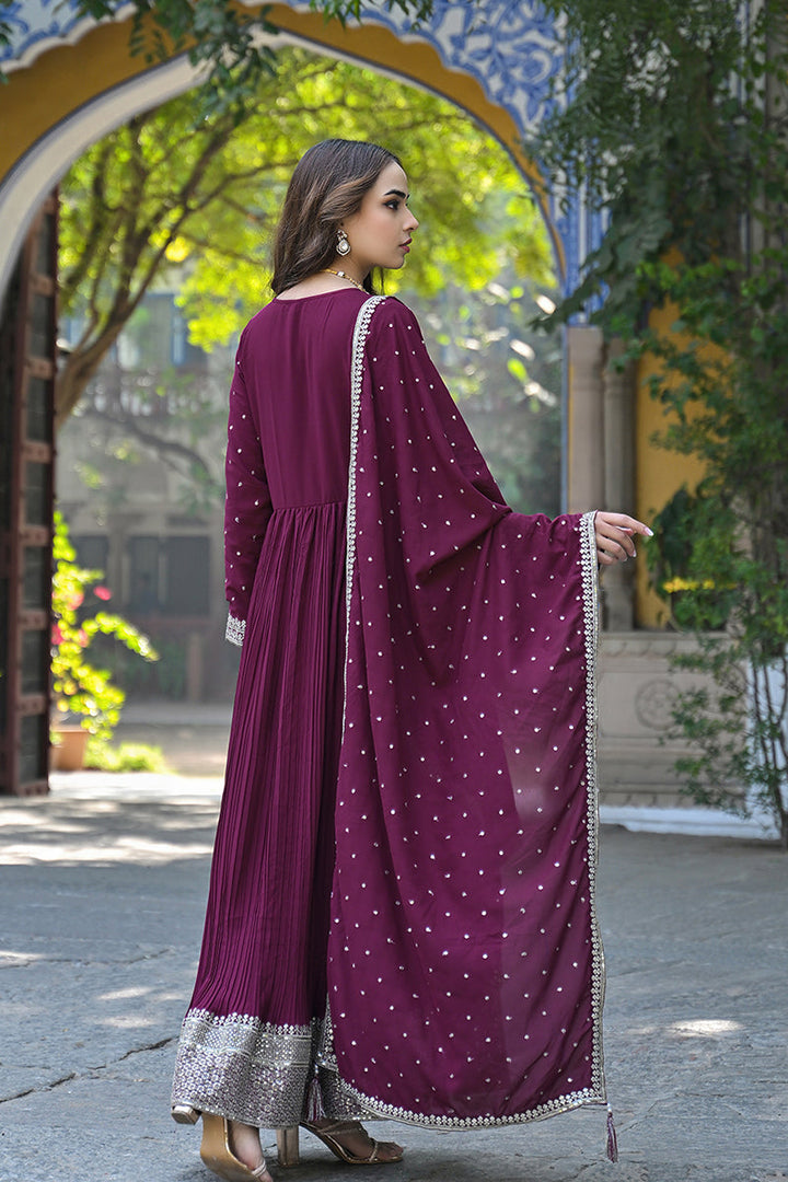 Plus Size Magenta Georgette Solid Yoke Design Sequinned Anarkali Kurta Dupatta Set | SHOBITAM