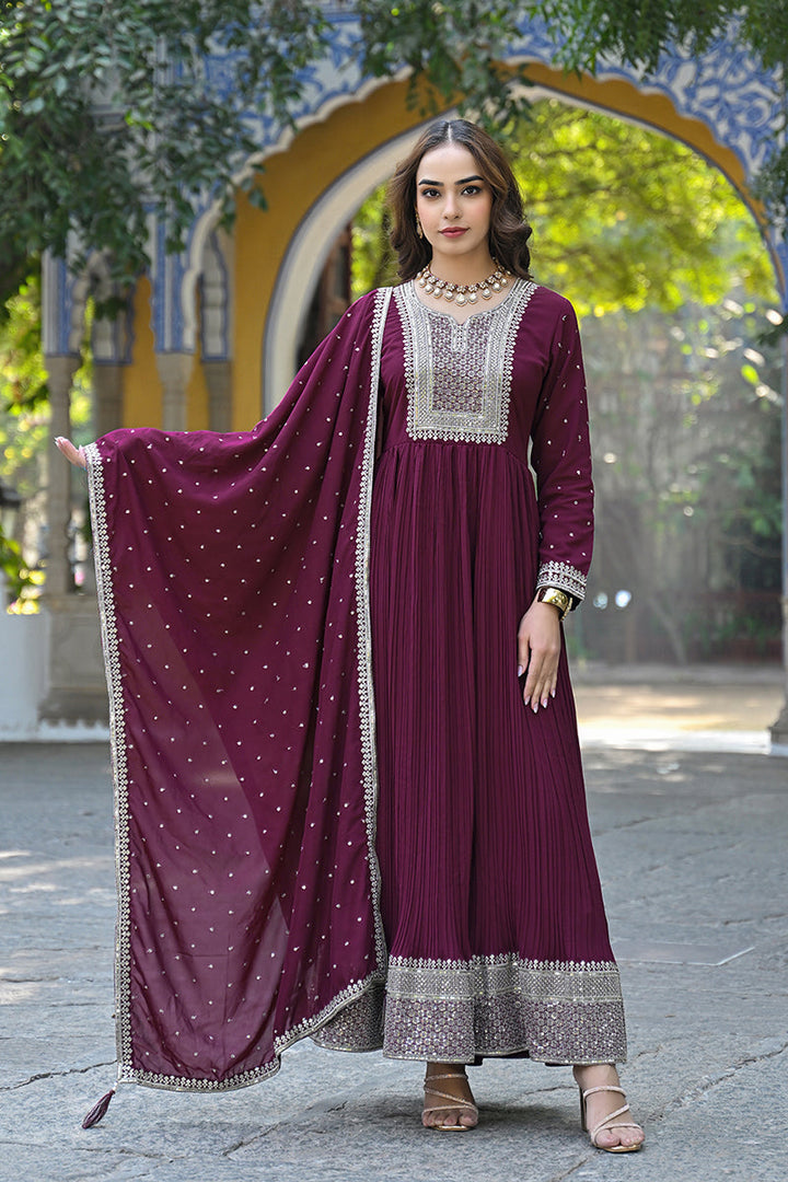 Plus Size Magenta Georgette Solid Yoke Design Sequinned Anarkali Kurta Dupatta Set | SHOBITAM