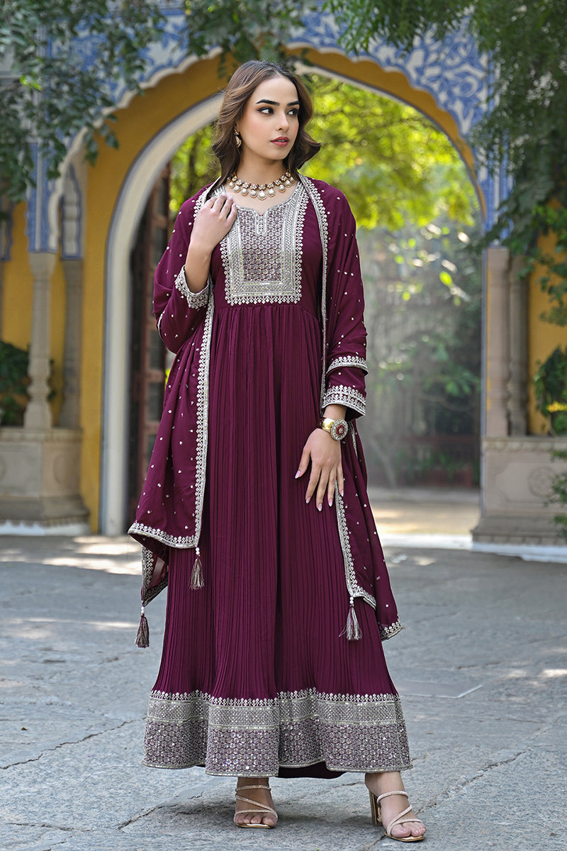 Plus Size Magenta Georgette Solid Yoke Design Sequinned Anarkali Kurta Dupatta Set | SHOBITAM