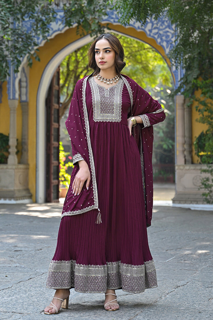 Plus Size Magenta Georgette Solid Yoke Design Sequinned Anarkali Kurta Dupatta Set | SHOBITAM