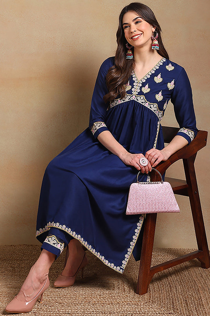 Navy Blue Silk Blend Solid Embroidered Flared Kurta Set | SHOBITAM