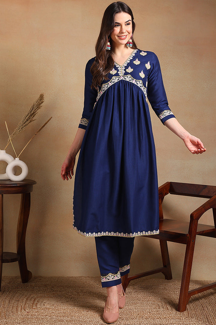 Navy Blue Silk Blend Solid Embroidered Flared Kurta Set | SHOBITAM