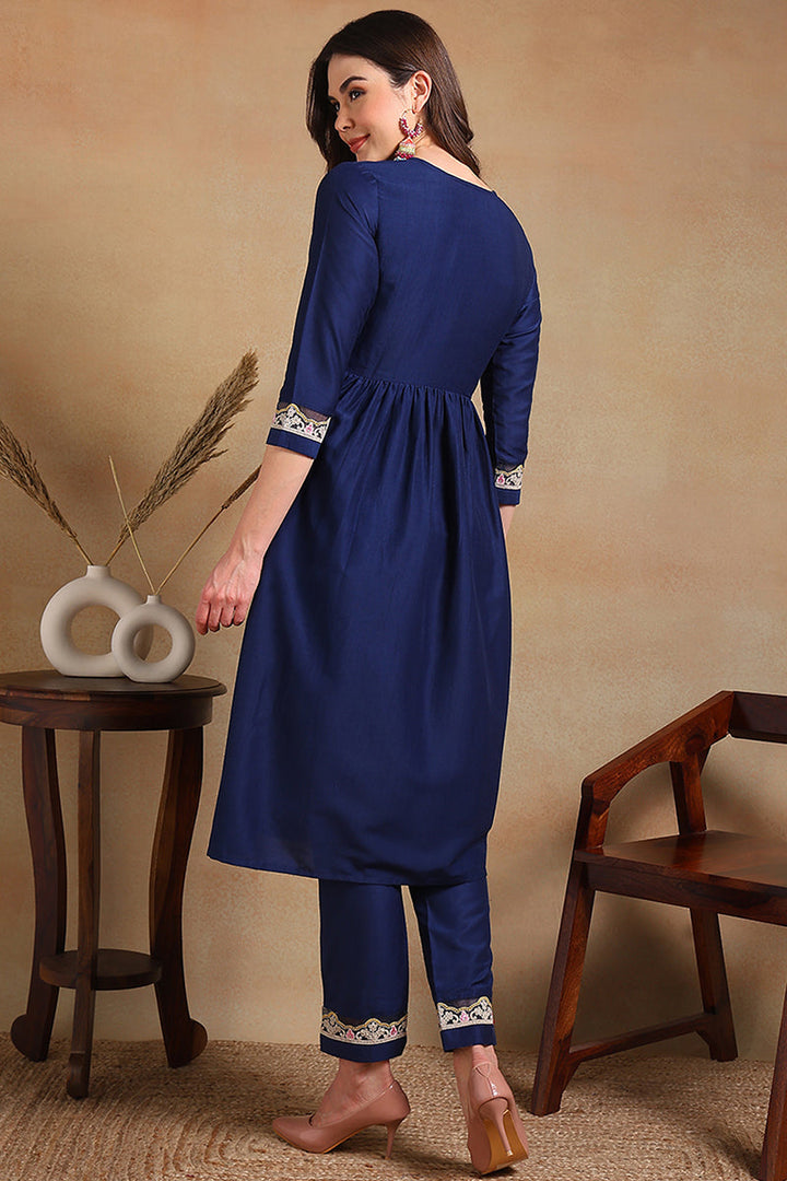 Navy Blue Silk Blend Solid Embroidered Flared Kurta Set | SHOBITAM