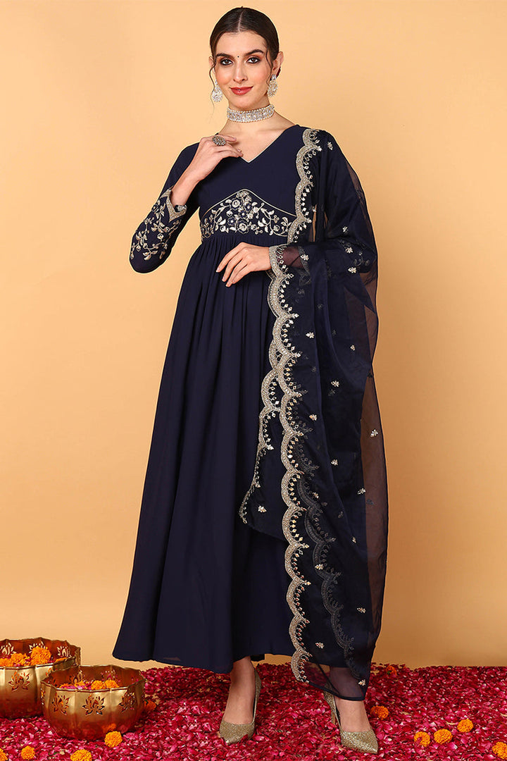 Plus Size Blue Georgette Embroidered Zari Work Flared Kurta Set | SHOBITAM