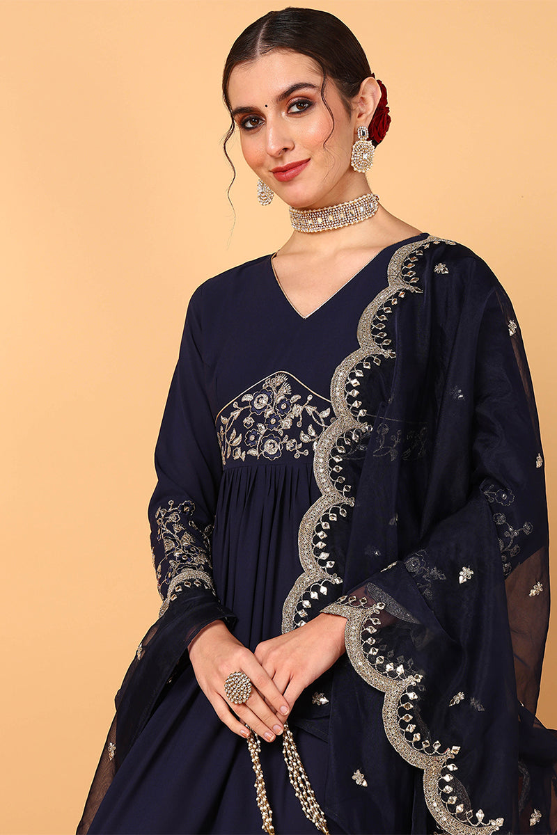 Blue Georgette Embroidered Zari Work Flared Kurta Set | SHOBITAM
