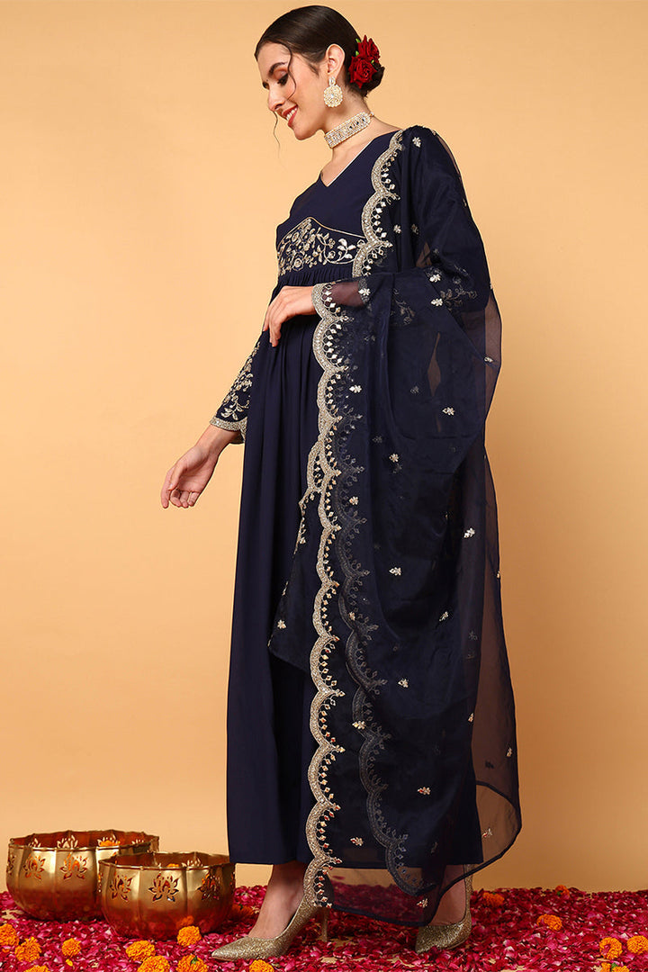 Plus Size Blue Georgette Embroidered Zari Work Flared Kurta Set | SHOBITAM