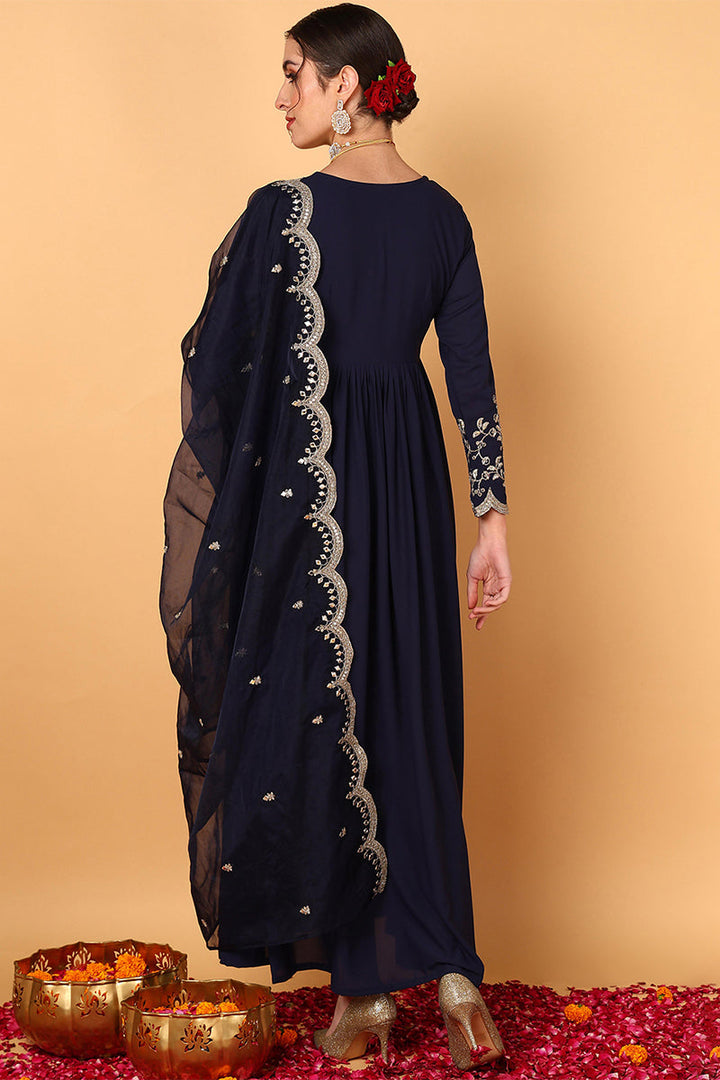 Plus Size Blue Georgette Embroidered Zari Work Flared Kurta Set | SHOBITAM