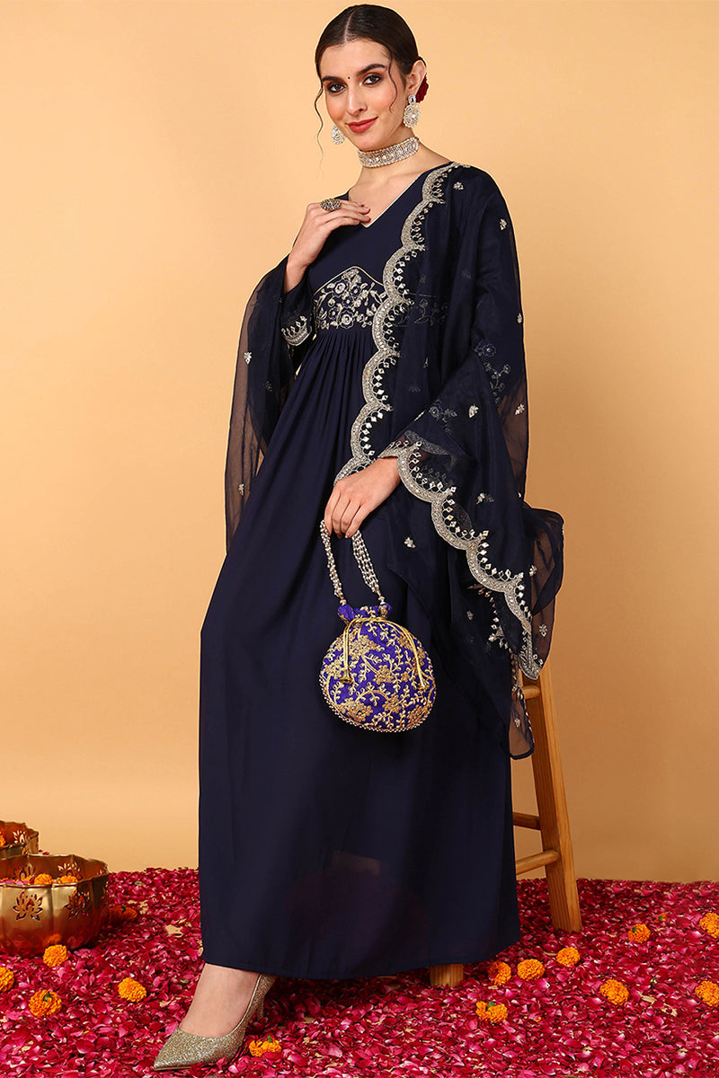 Blue Georgette Embroidered Zari Work Flared Kurta Set | SHOBITAM