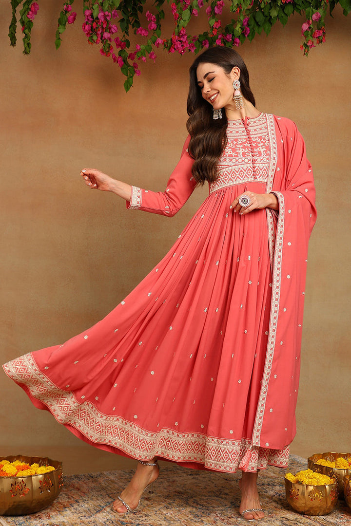 Pink Georgette Embroidered Thread Work Flared Kurta Set | SHOBITAM