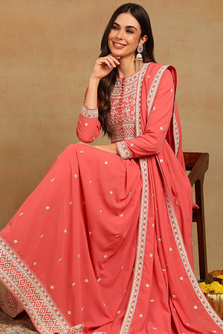 Pink Georgette Embroidered Thread Work Flared Kurta Set | SHOBITAM