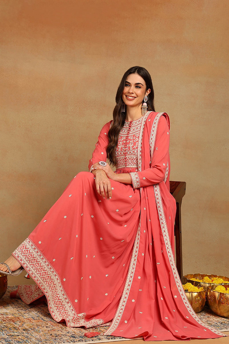 Pink Georgette Embroidered Thread Work Flared Kurta Set | SHOBITAM