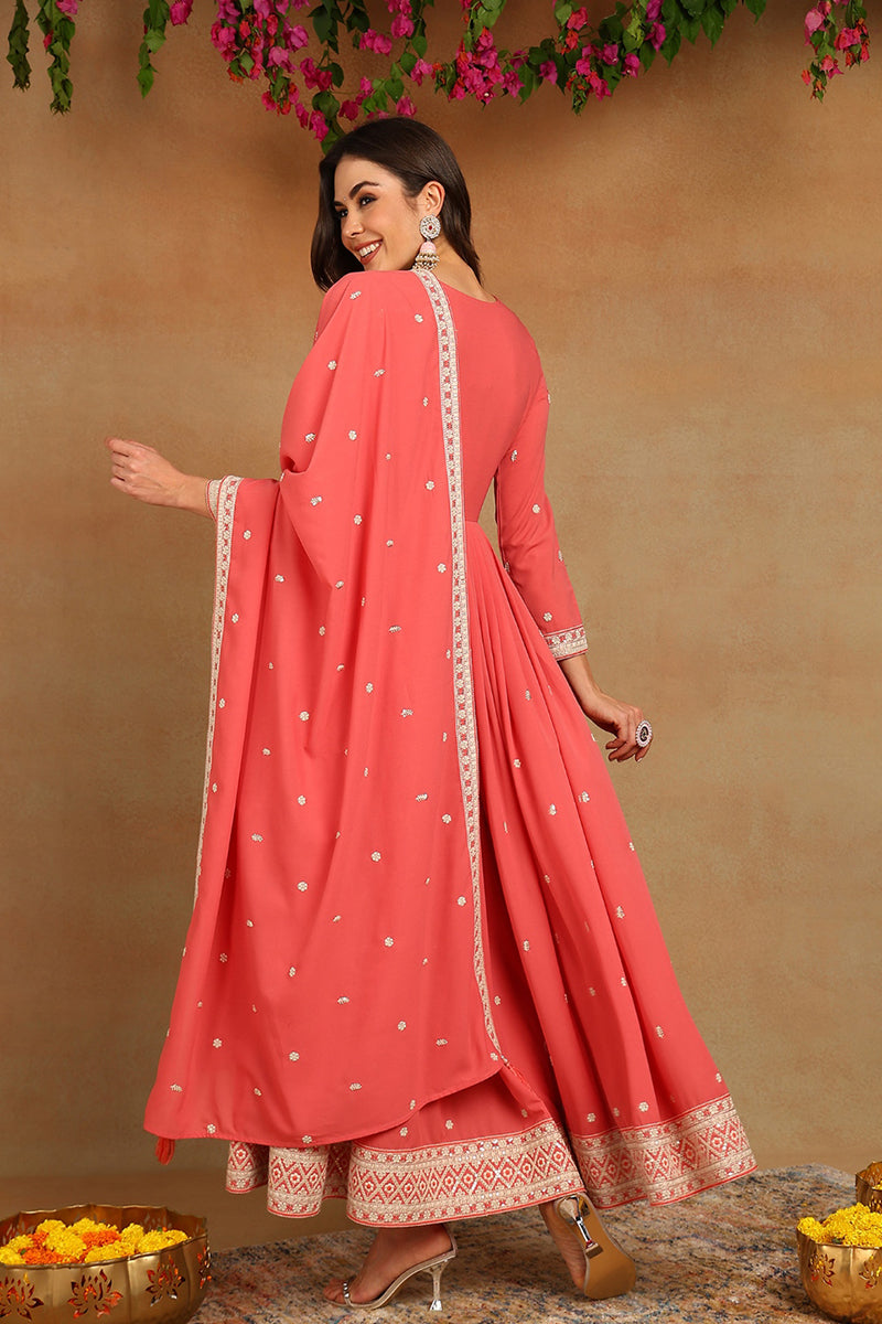 Pink Georgette Embroidered Thread Work Flared Kurta Set | SHOBITAM