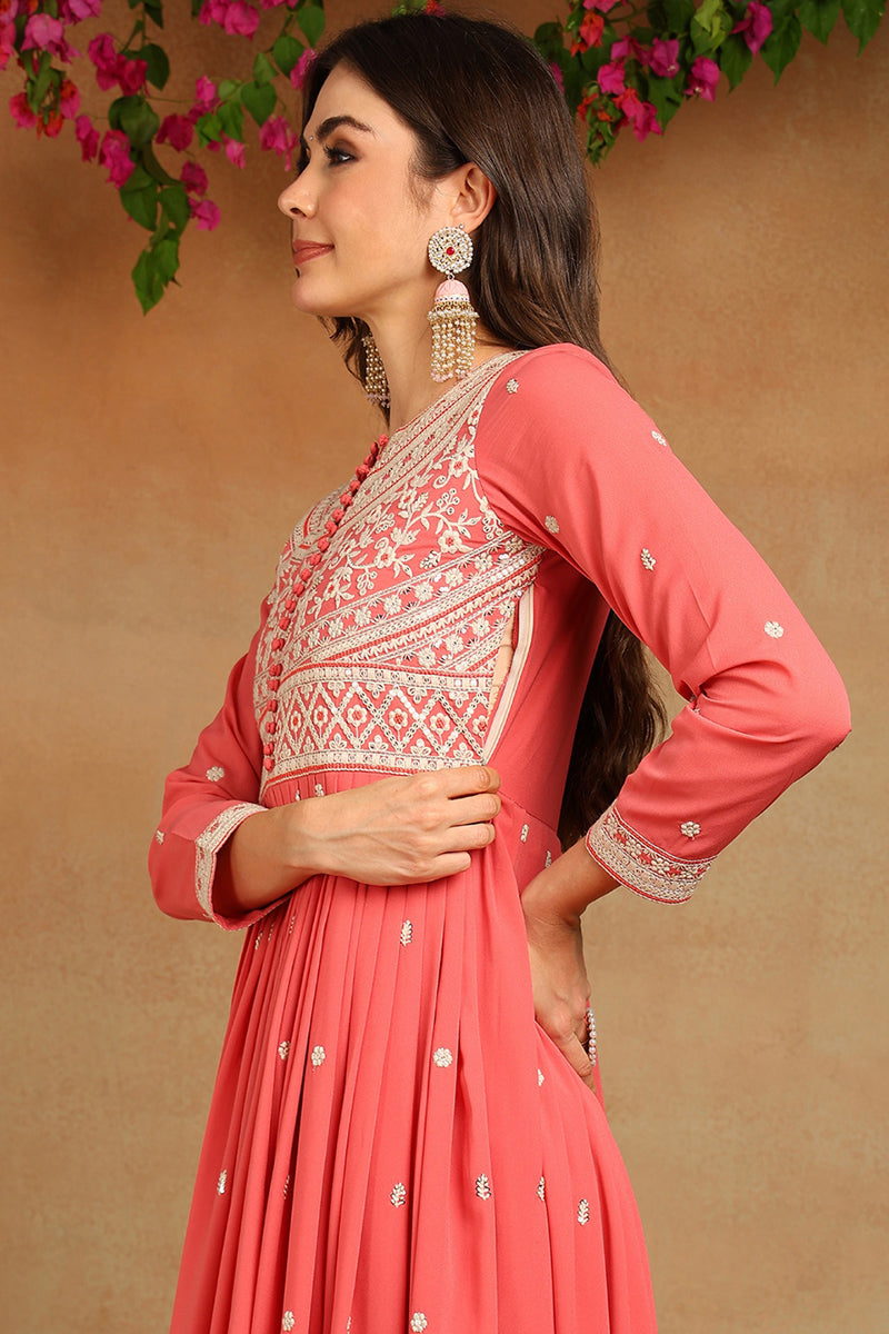 Pink Georgette Embroidered Thread Work Flared Kurta Set | SHOBITAM