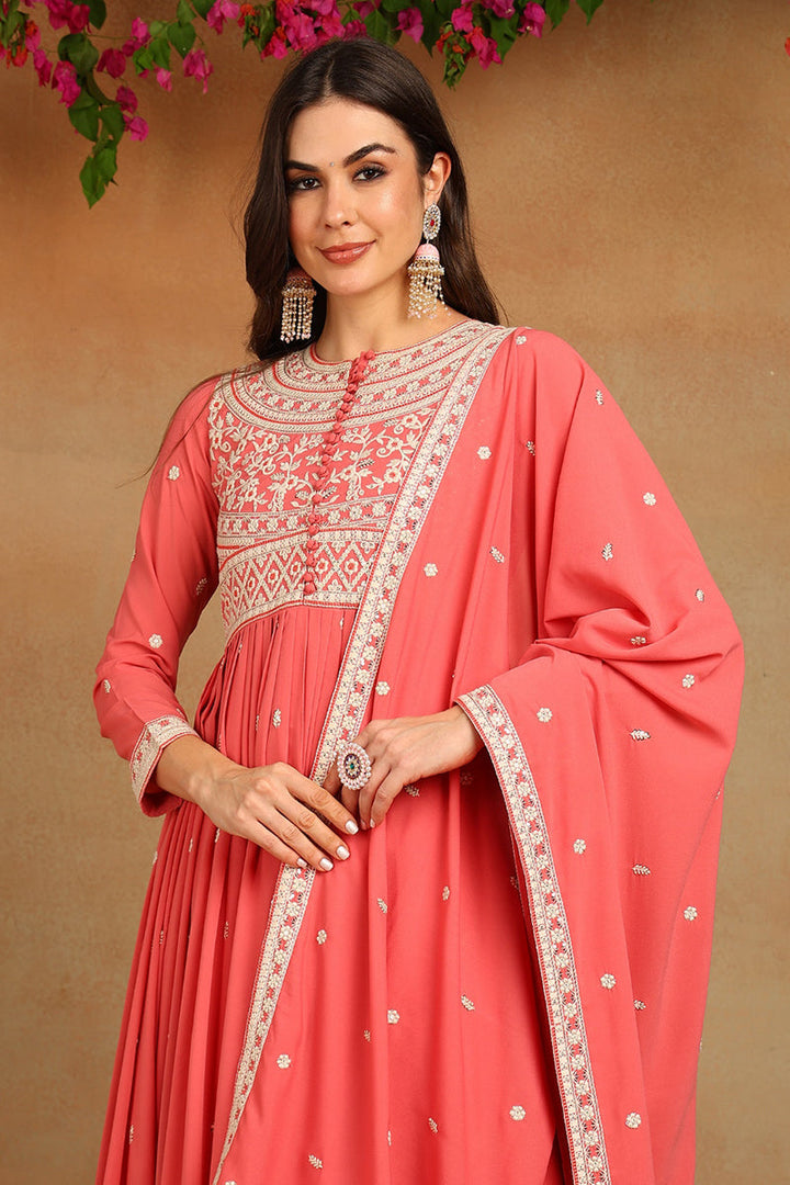 Pink Georgette Embroidered Thread Work Flared Kurta Set | SHOBITAM