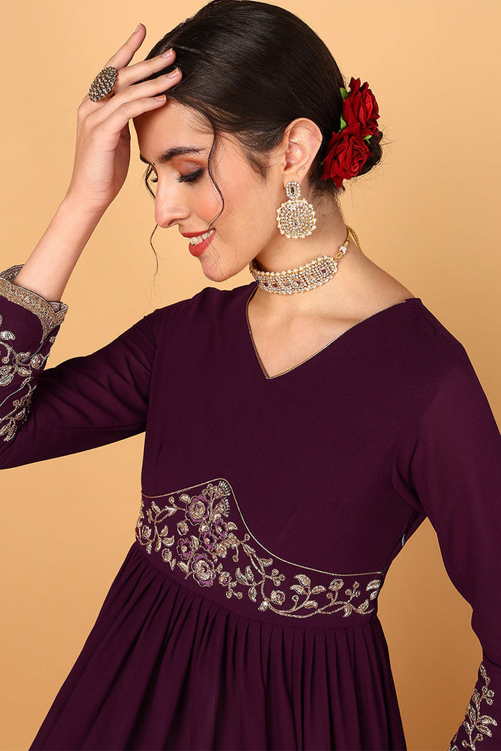 Purple Georgette Embroidered Zari Work Flared Kurta Set | SHOBITAM