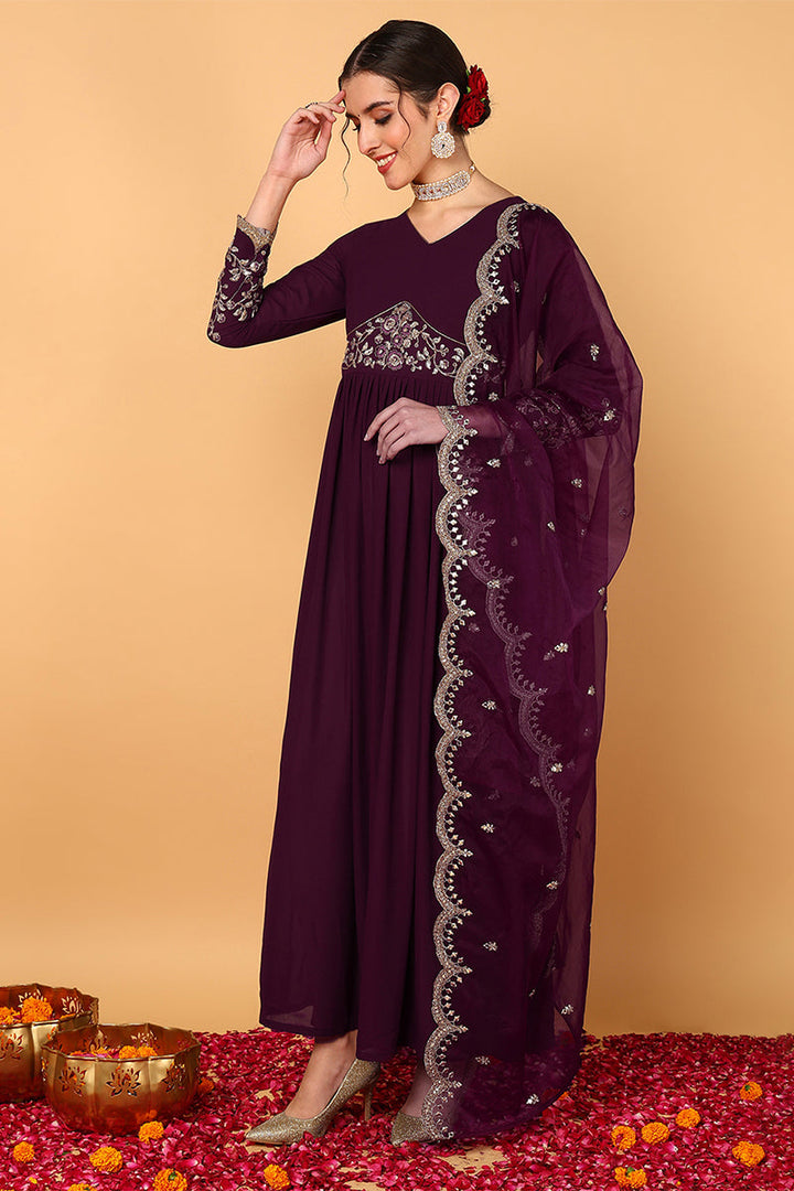 Purple Georgette Embroidered Zari Work Flared Kurta Set | SHOBITAM