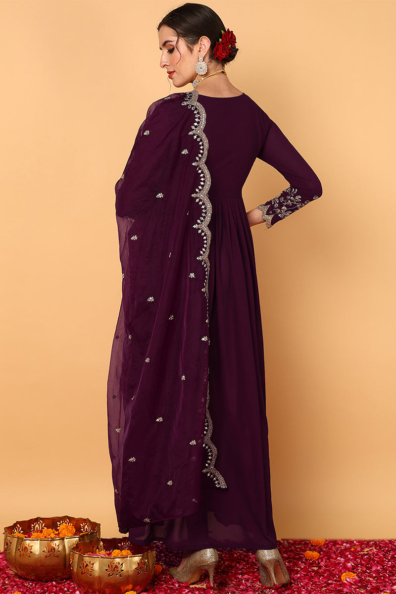 Purple Georgette Embroidered Zari Work Flared Kurta Set | SHOBITAM