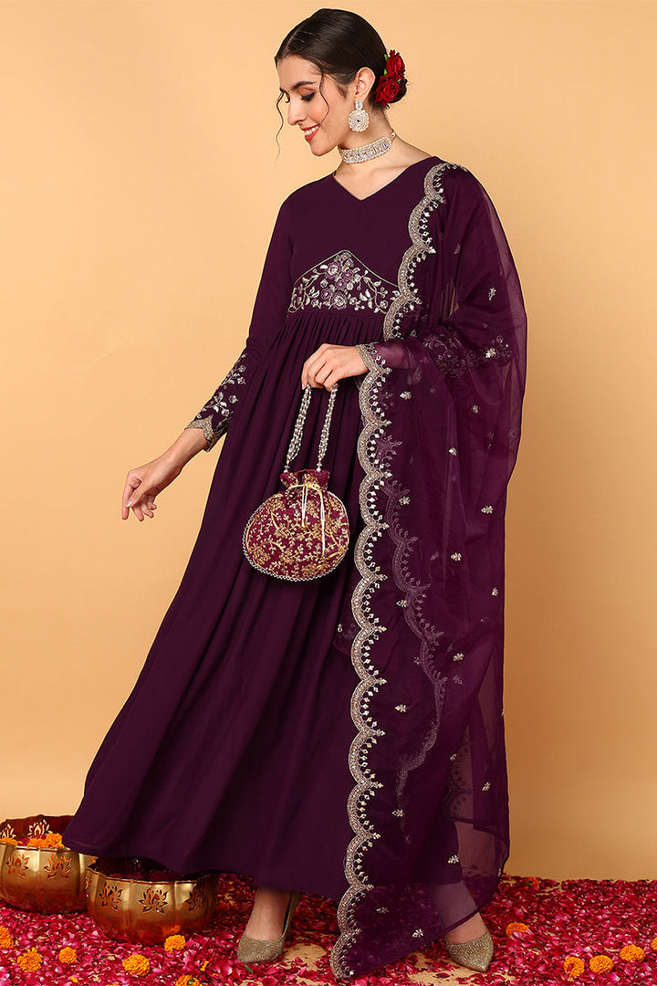 Purple Georgette Embroidered Zari Work Flared Kurta Set | SHOBITAM