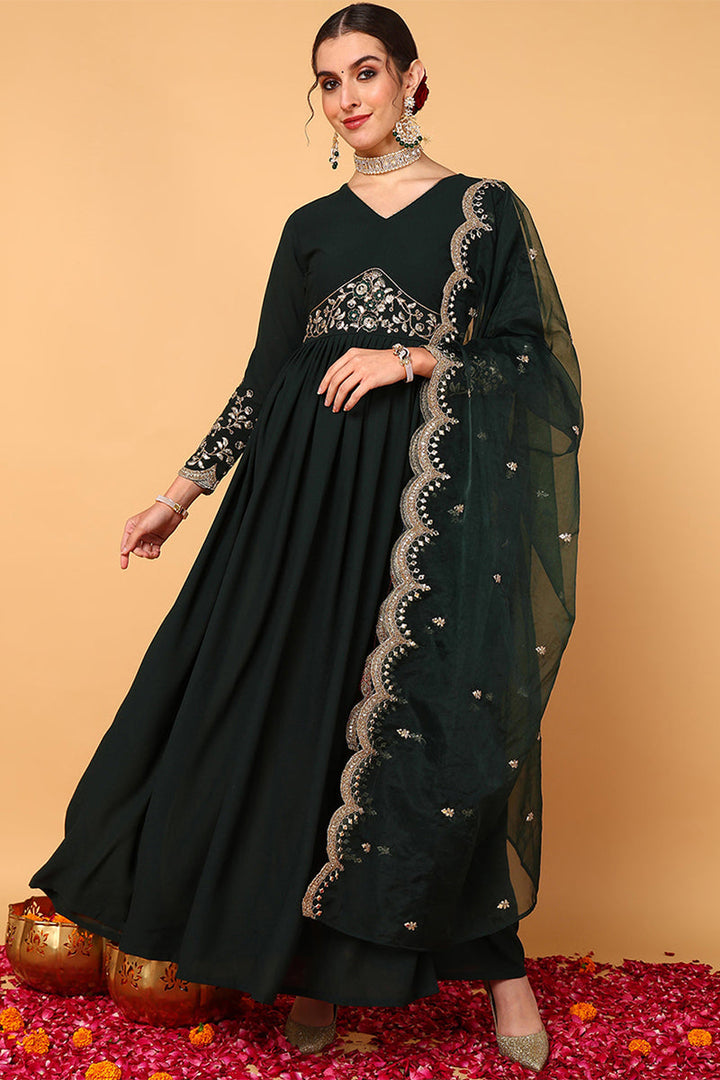 Green Georgette Embroidered Zari Work Flared Kurta Set | SHOBITAM