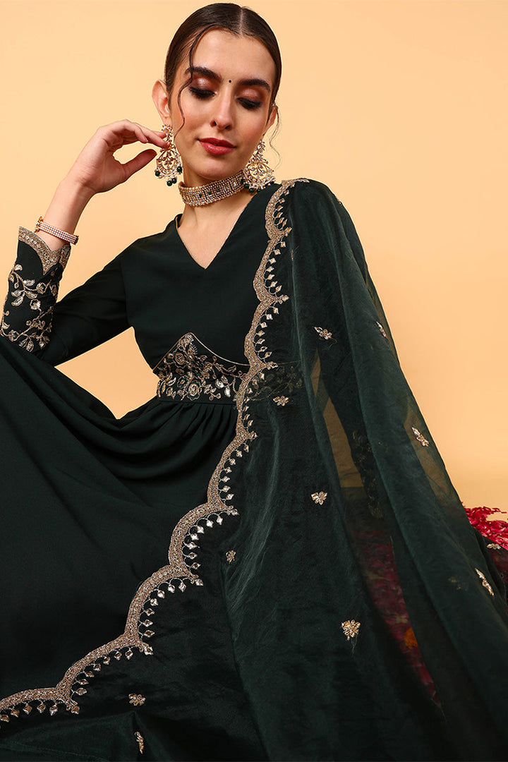 Green Georgette Embroidered Zari Work Flared Kurta Set | SHOBITAM