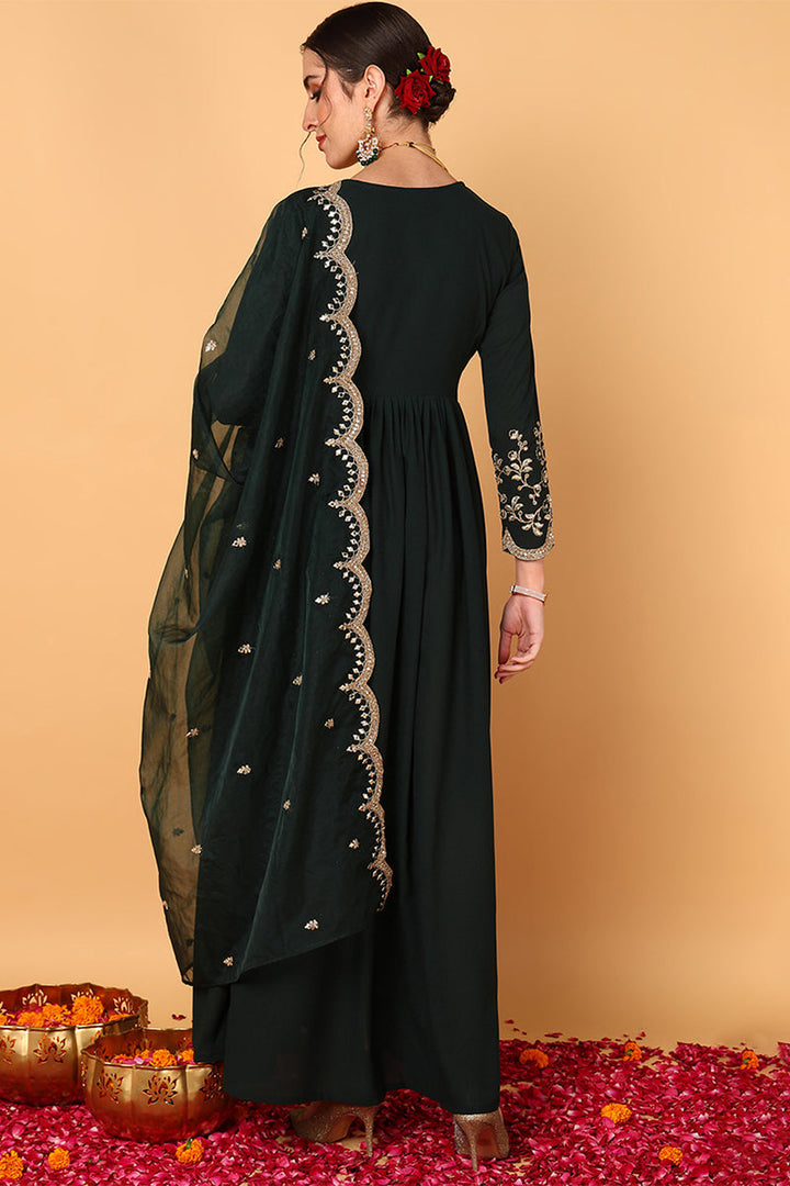 Green Georgette Embroidered Zari Work Flared Kurta Set | SHOBITAM