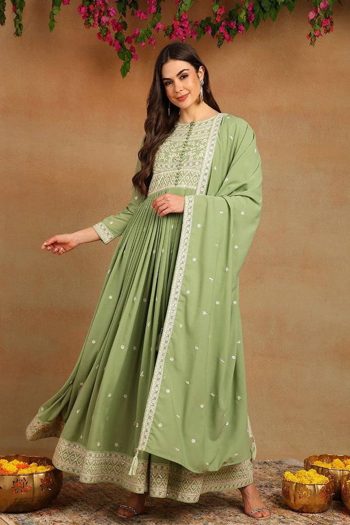 Green Georgette Embroidered Thread Work Flared Kurta Set | SHOBITAM