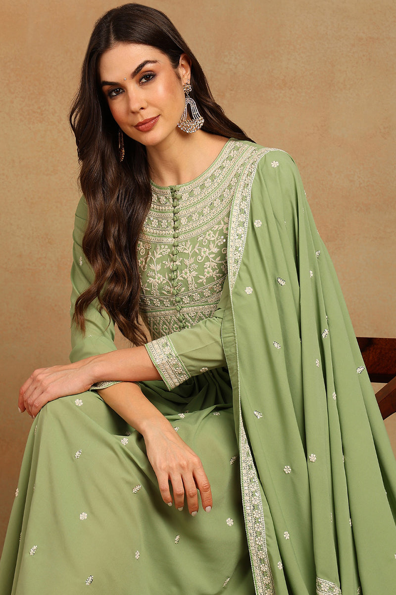 Green Georgette Embroidered Thread Work Flared Kurta Set | SHOBITAM