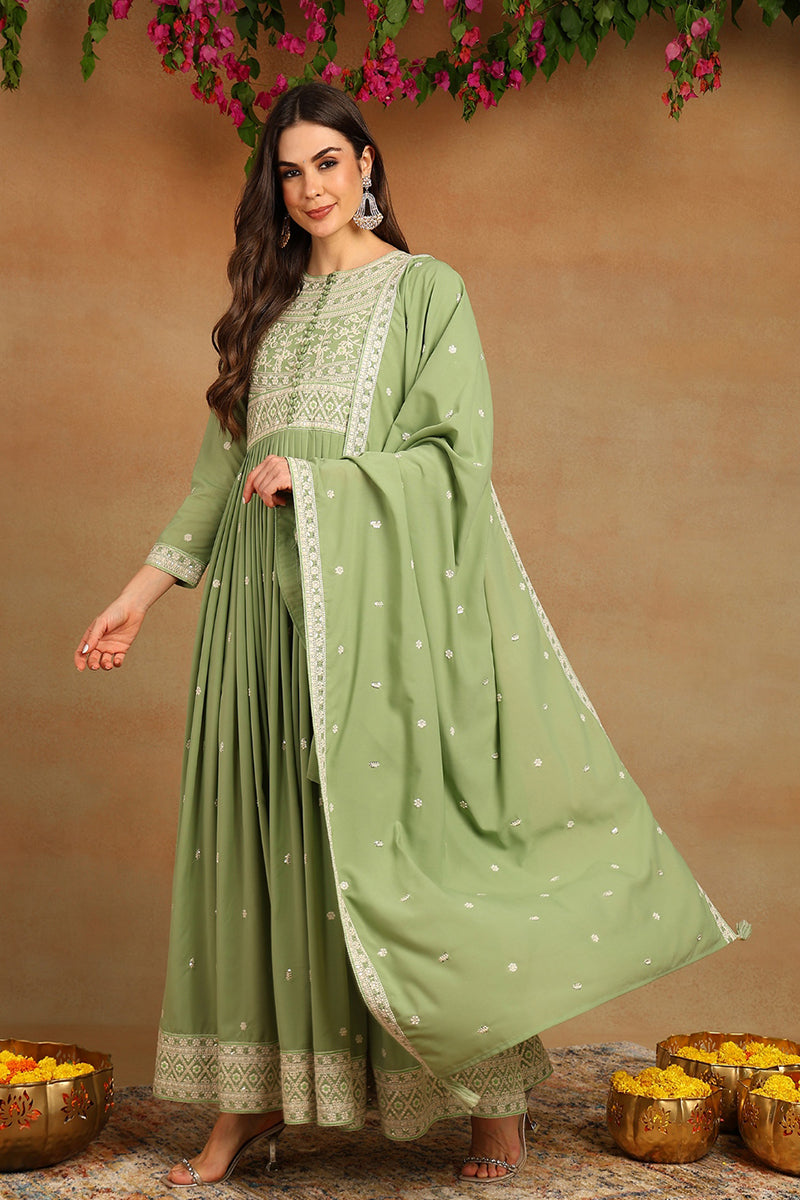 Green Georgette Embroidered Thread Work Flared Kurta Set | SHOBITAM