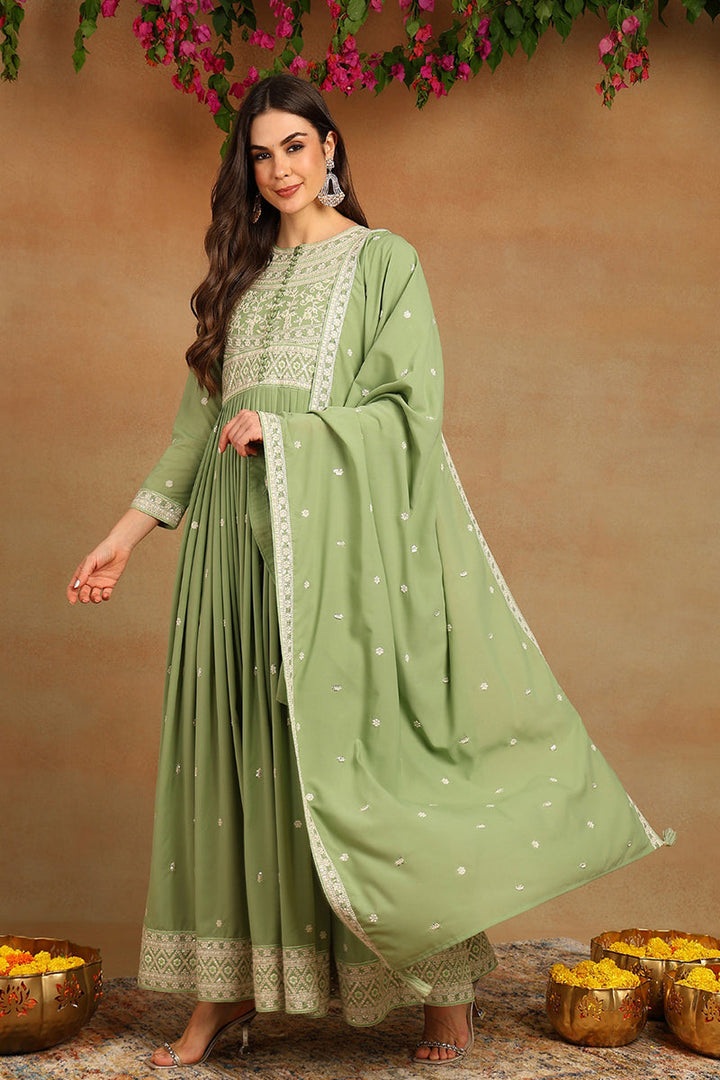 Green Georgette Embroidered Thread Work Flared Kurta Set | SHOBITAM